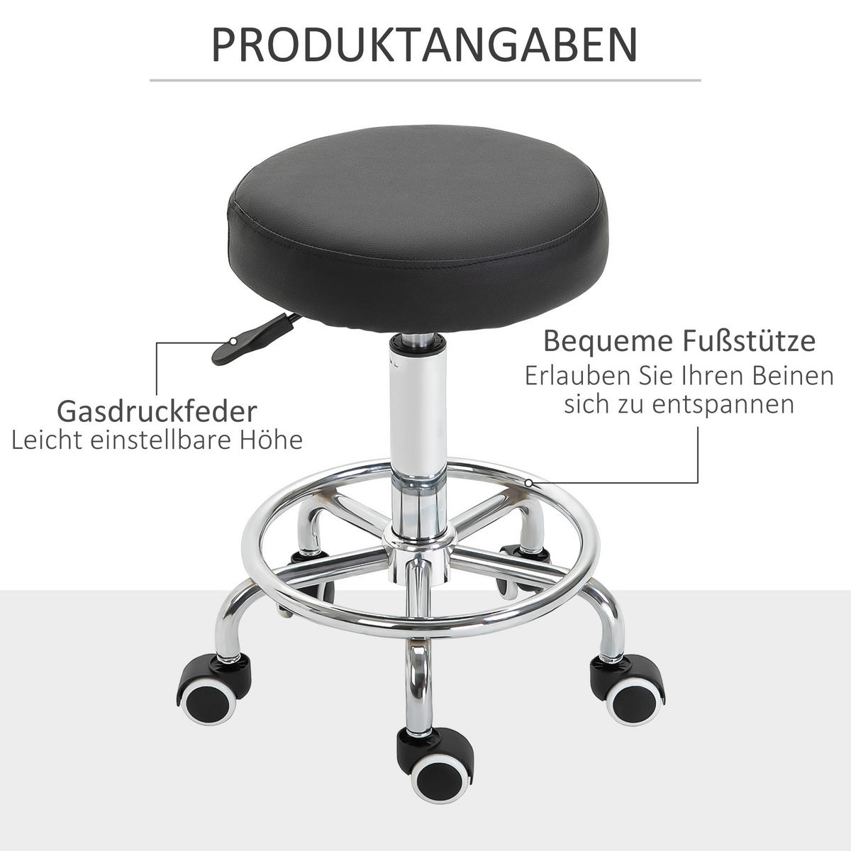 ROLLHOCKER, Höhenverstellbarer, Schwarz - Schwarz, Leder (42/64/42cm) - Vinsetto