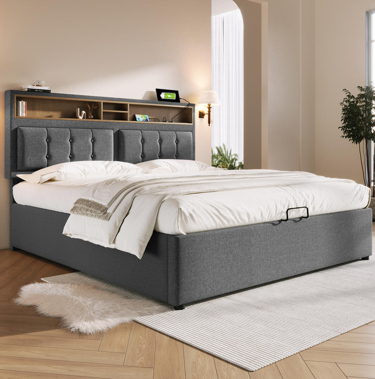 POLSTERBETT mit Stauraum und USB/Typ-C 160x200 cm Leinen Grey - Grau, Metall (160/200cm) - Meubliv