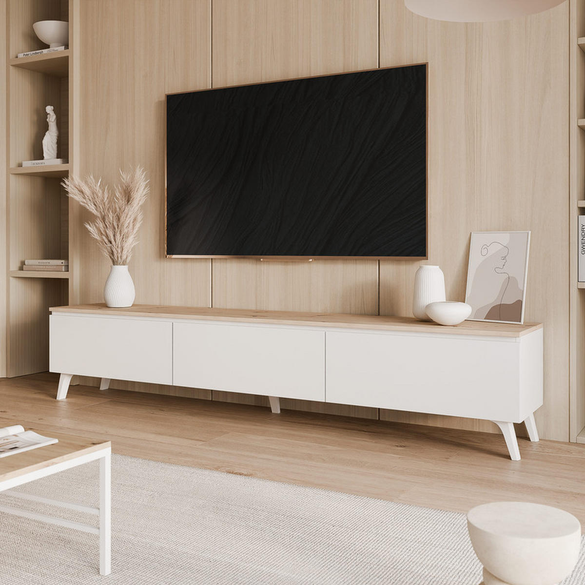 TV-LOWBOARD SELIA mit LED-Beleuchtung, 200 cm Weiß / Handgefertigte Eiche - Weiß, Holzwerkstoff/Kunststoff (200/40.5/35cm) - Idohome
