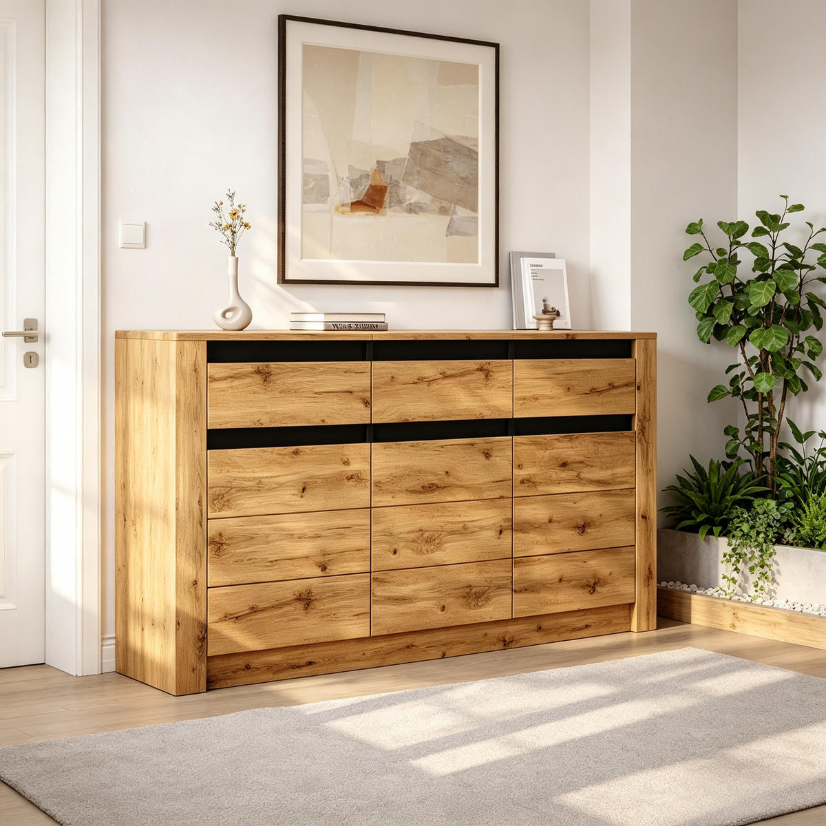 SIDEBOARD Wellenoptik 3 Schubladen 9 Fächer 135cm Naturholz - Naturfarben, Holzwerkstoff (135/70/35cm) - FLIEKS