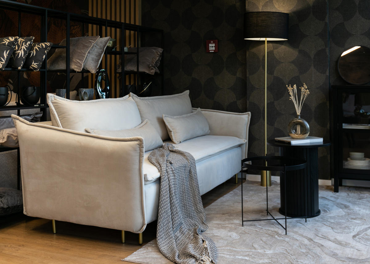 SCHLAFSOFA Ummo Graubeige Velours - Greige/Goldfarben, Textil/Metall (230/88/90cm) - Selsey