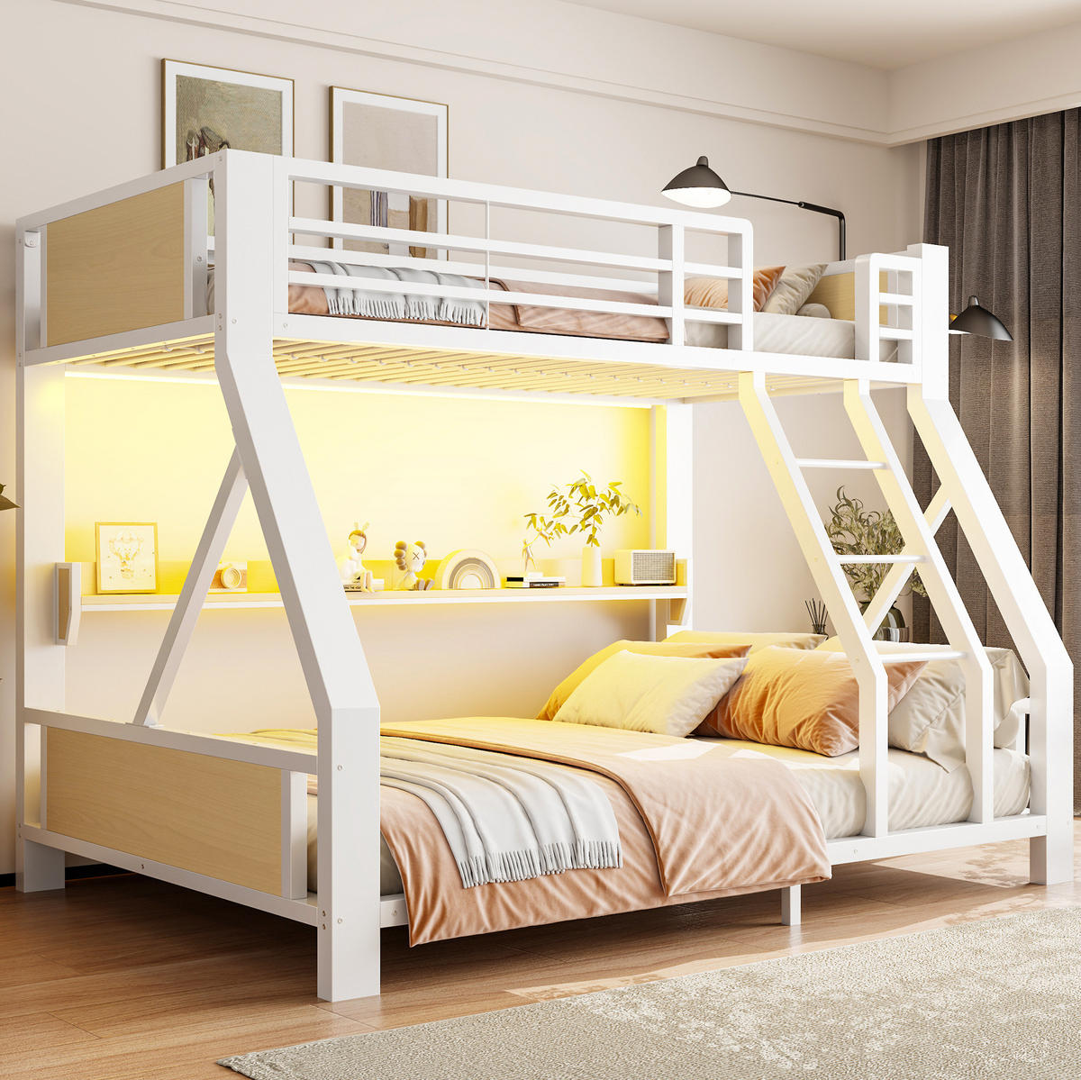 ETAGENBETT aus Metall und Holz 90x200/140x200 cm Weiß mit LED-Beleuchtung und Ablagefach - Weiß, Metall (90/200cm) - Modfu