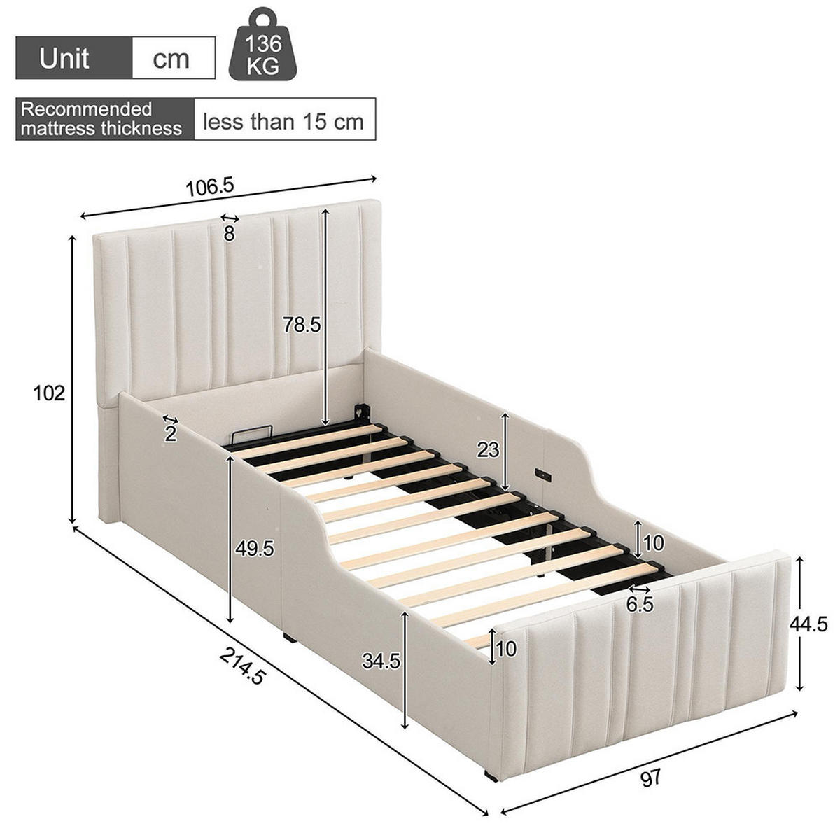 KREVET S PRESVLAKOM 90 x 200 cm, Krevet s lamelastim podnicama, Bež, Lan - bež, tekstil/drvo (90/200cm) - KOMHTOM