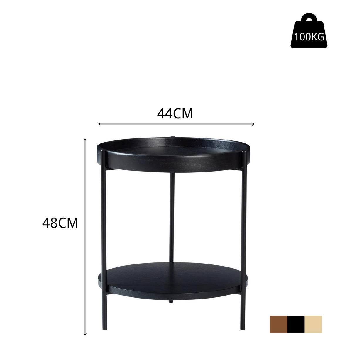 COUCHTISCH Ø69/38 cm Schwarz aus Massivholz und MDF mit 2-stöckigem Design - Schwarz, Holzwerkstoff (44/44/48cm) - OKMYHOME