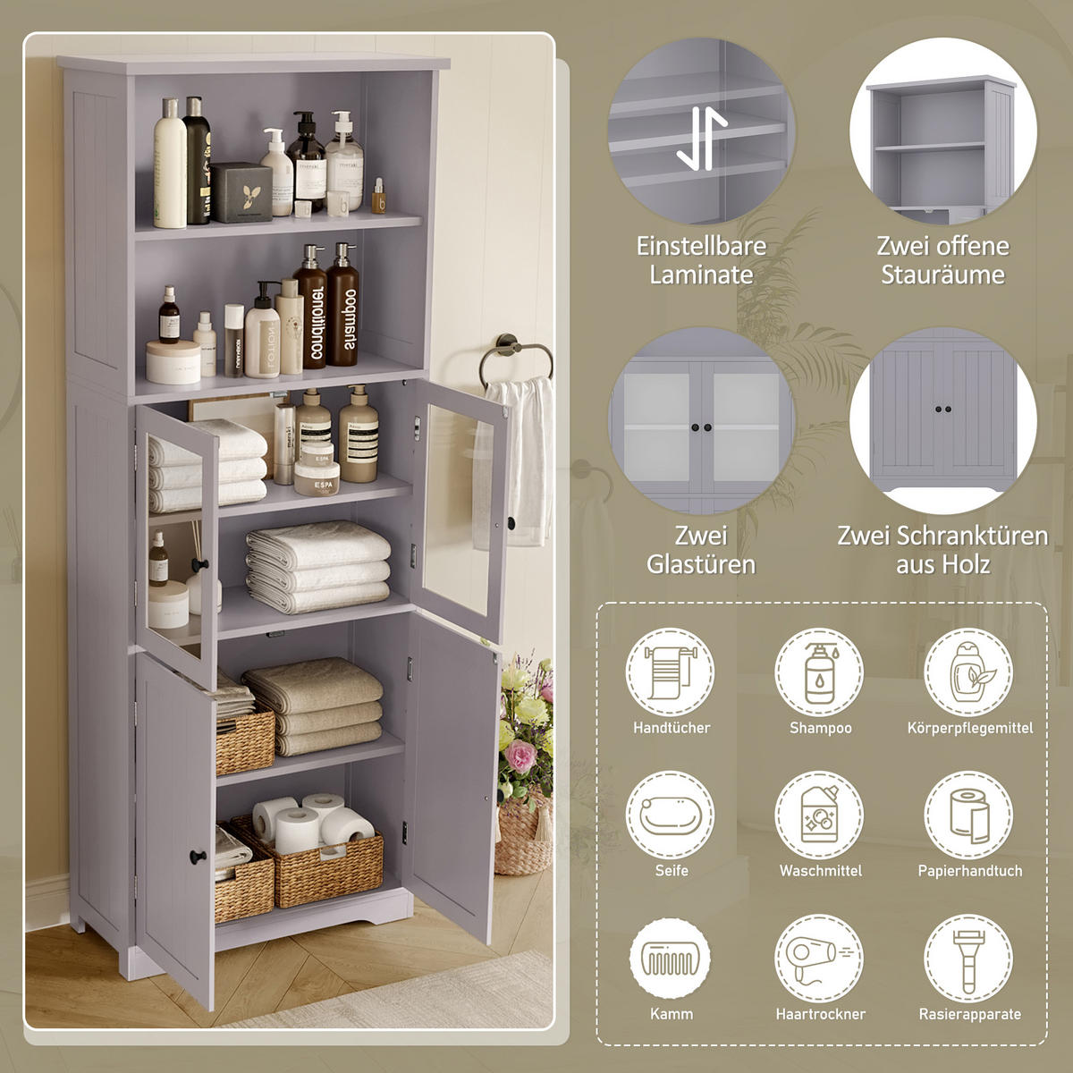 BADEZIMMER-HOCHSCHRANK 57.4x28.5x160cm in Grau, feuchtigkeitsbeständig mit 4 Türen - Grau, Holzwerkstoff (57.4/160/28.5cm) - Modfu