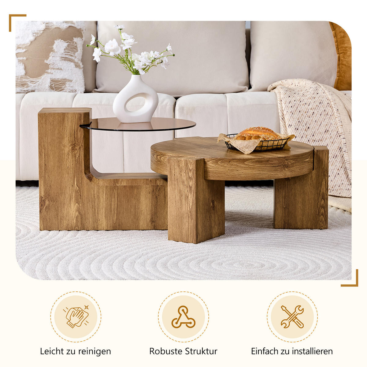 COUCHTISCH in Naturfarbe 2er-Set Couchtisch-Kombination mit Glasplatte für Wohnzimmer, B44/T62/H44 cm, Ø61/H30 cm - Naturfarben, Glas/Holzwerkstoff (61/61/30cm) - STILVORA