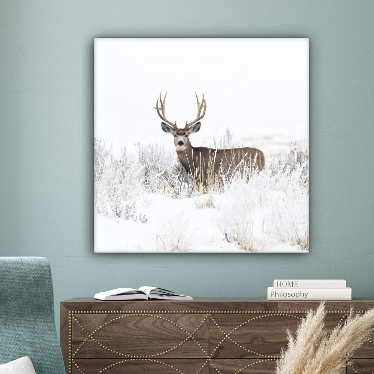 LEINWANDBILD Hirsche - Winter - Schnee - Tiere - Jahreszeiten - Weiß 90x90 cm - Hellbraun, Textil (90/90cm) - MuchoWow