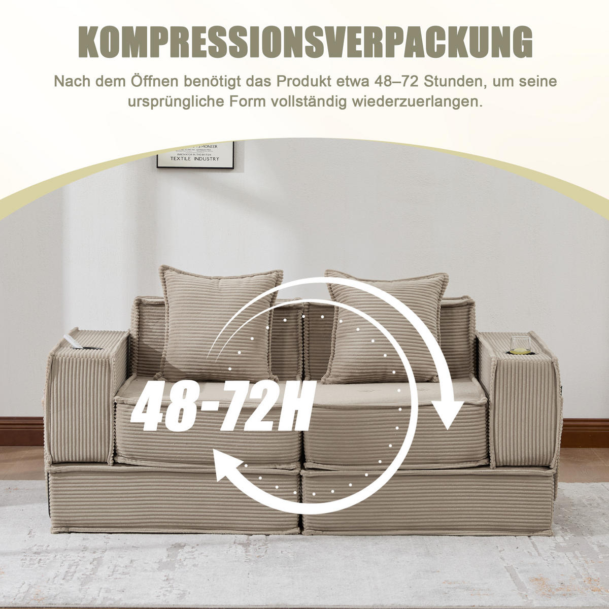 SCHLAFSOFA 162/78/66 cm Khaki Cord mit seitlichem Stauraum und Getränkehaltern - Sandfarben, Textil (162/66/78cm) - Oxeza