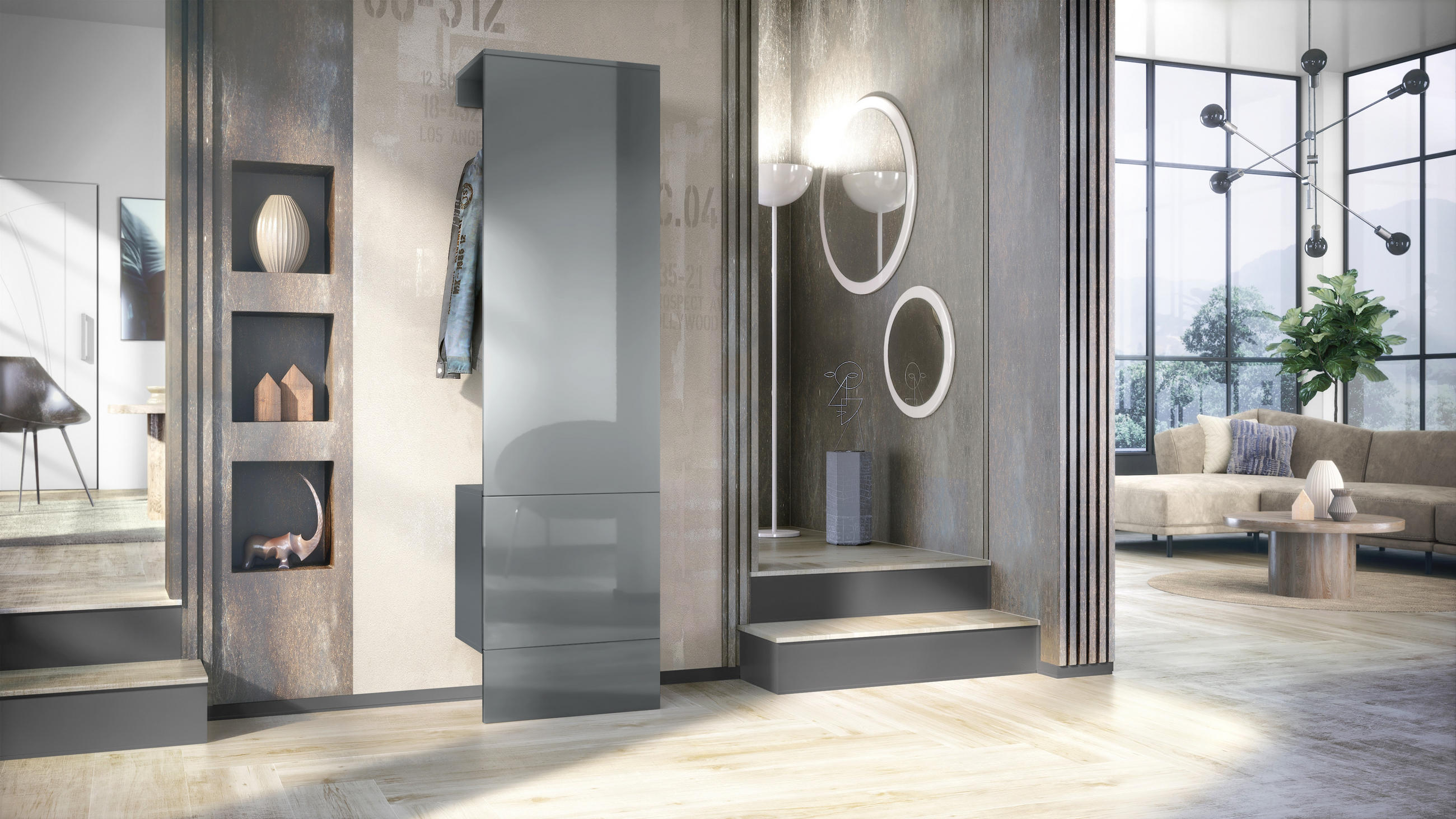 GARDEROBE Hollywood Grau Hochglanz - Grau, Holzwerkstoff (123/193/35cm) - Vladon