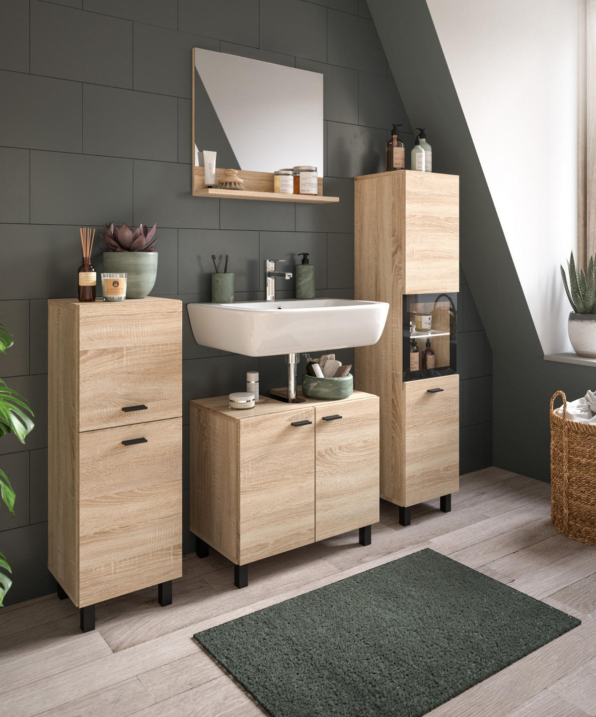 KOMMODE Eiche 30 cm, Badschrank hängend oder stehend - Eichefarben/Schwarz, Holzwerkstoff/Kunststoff (30/80/29cm) - Inn.Furn