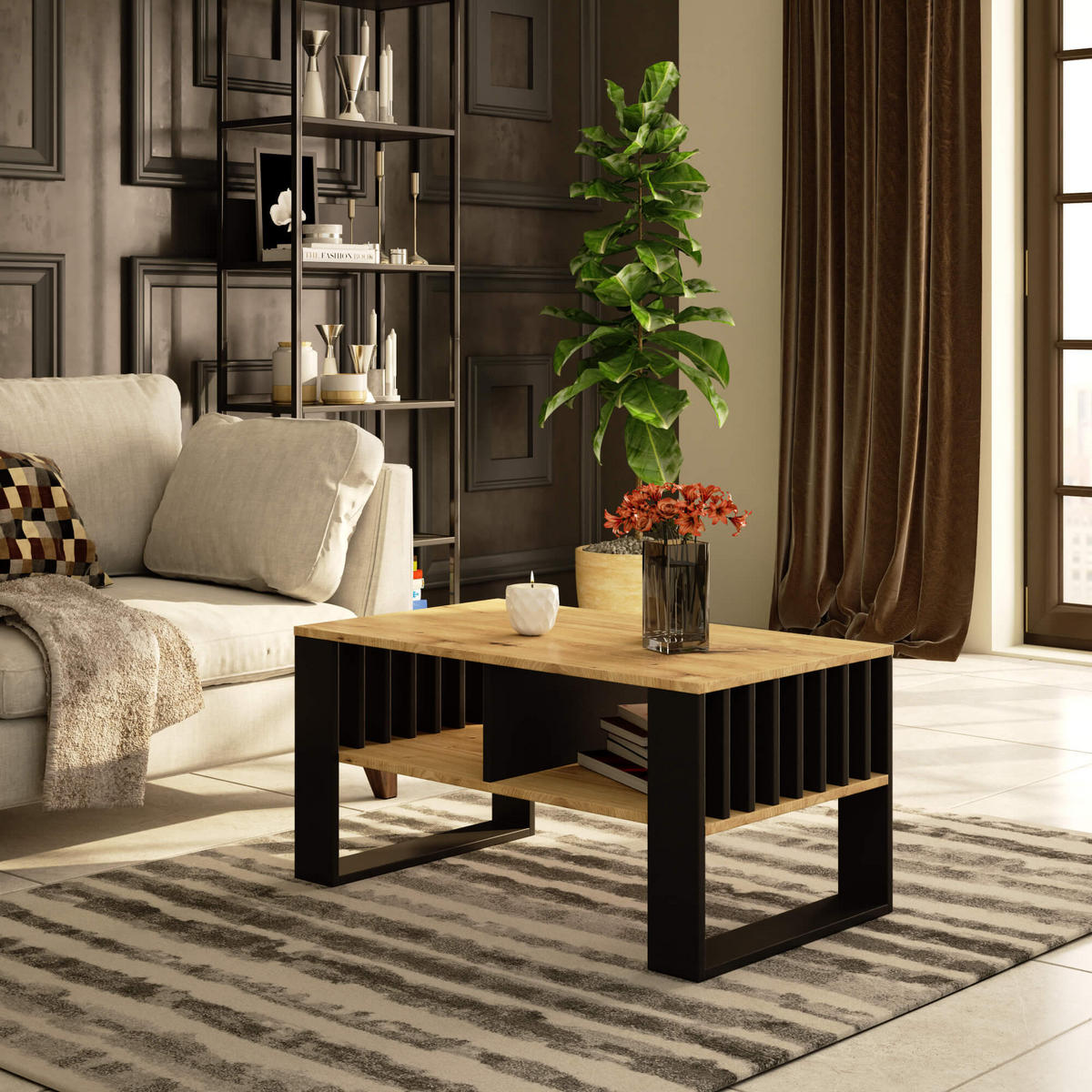 COUCHTISCH ROCKFORD Eiche Artisan, Schwarz 92x53x45 cm - Schwarz/Eiche Artisan, Holzwerkstoff (53/92/45cm) - Akord