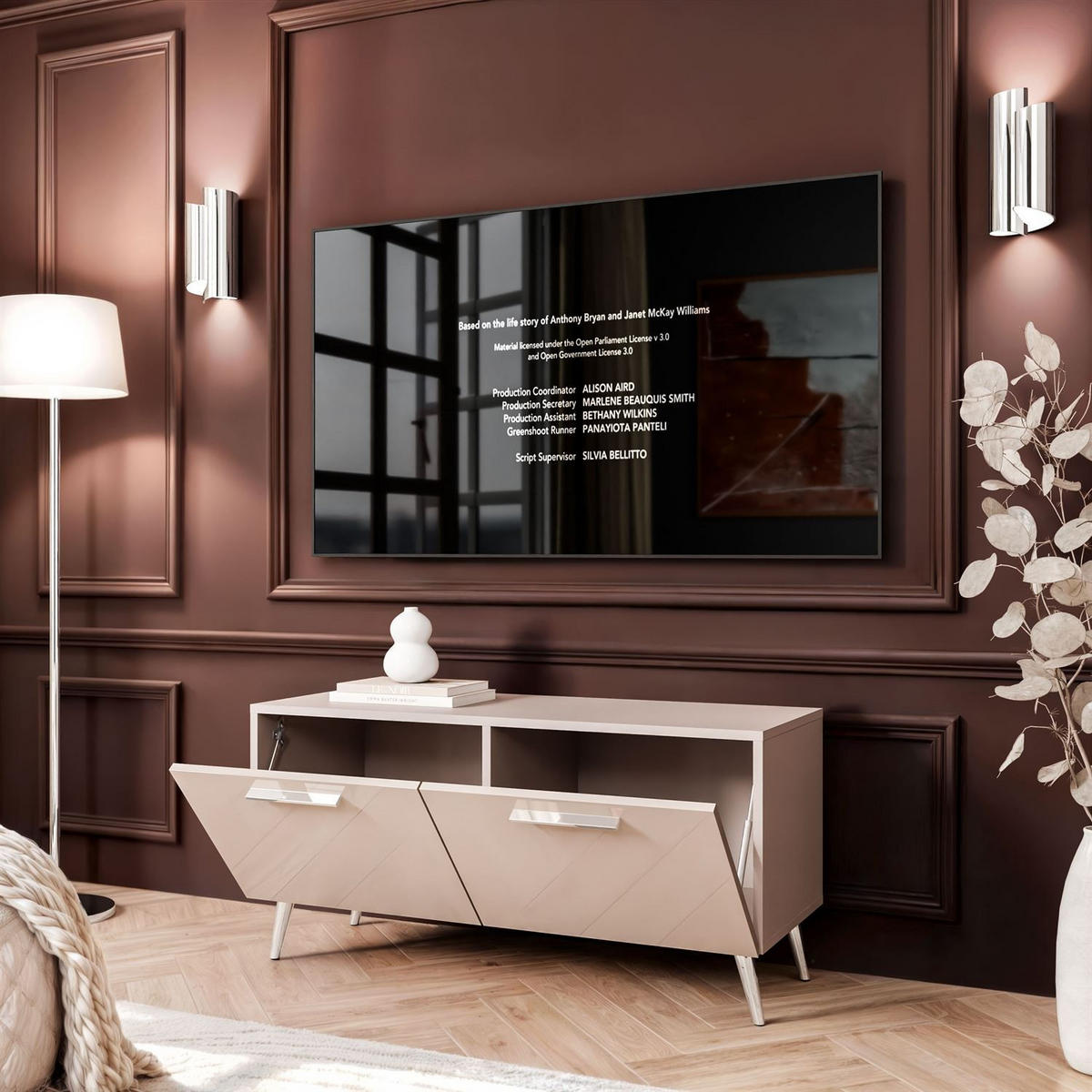 TV-ELEMENT AURA 100 KASCHMIR Hochglanz auf schrägen silbernen Beinen + LED - Kaschmir/Silberfarben, Holzwerkstoff (100/49/40cm) - Lookway