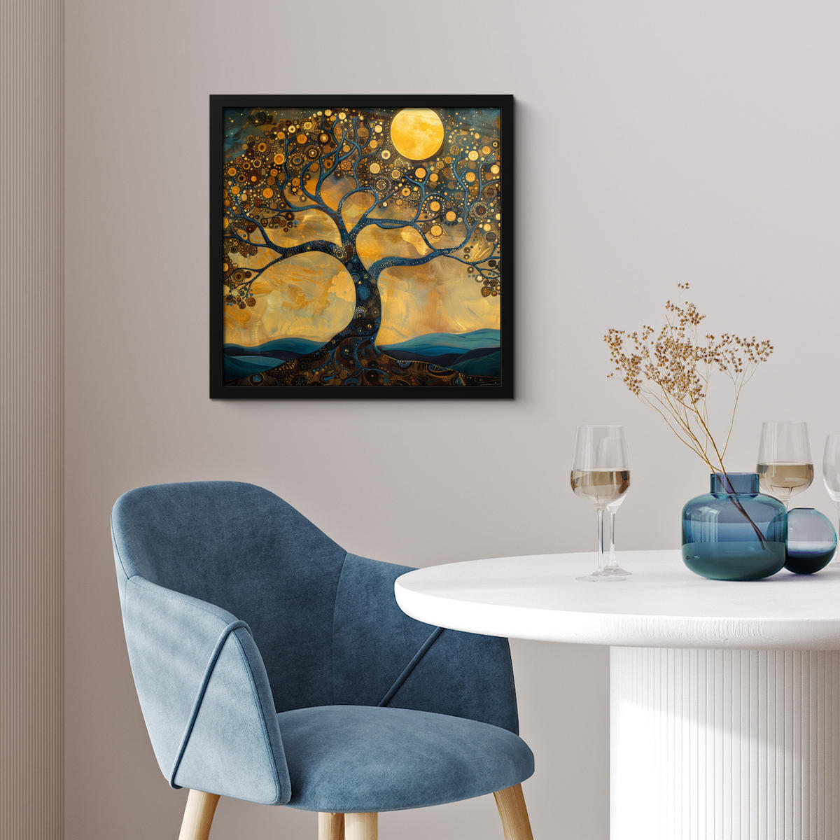POSTER MIT RAHMENGERAHMTES BILD Baum - Mond - Blumen - Gold - Kunst 40x40 cm - Orange, Papier (40/40cm) - MuchoWow