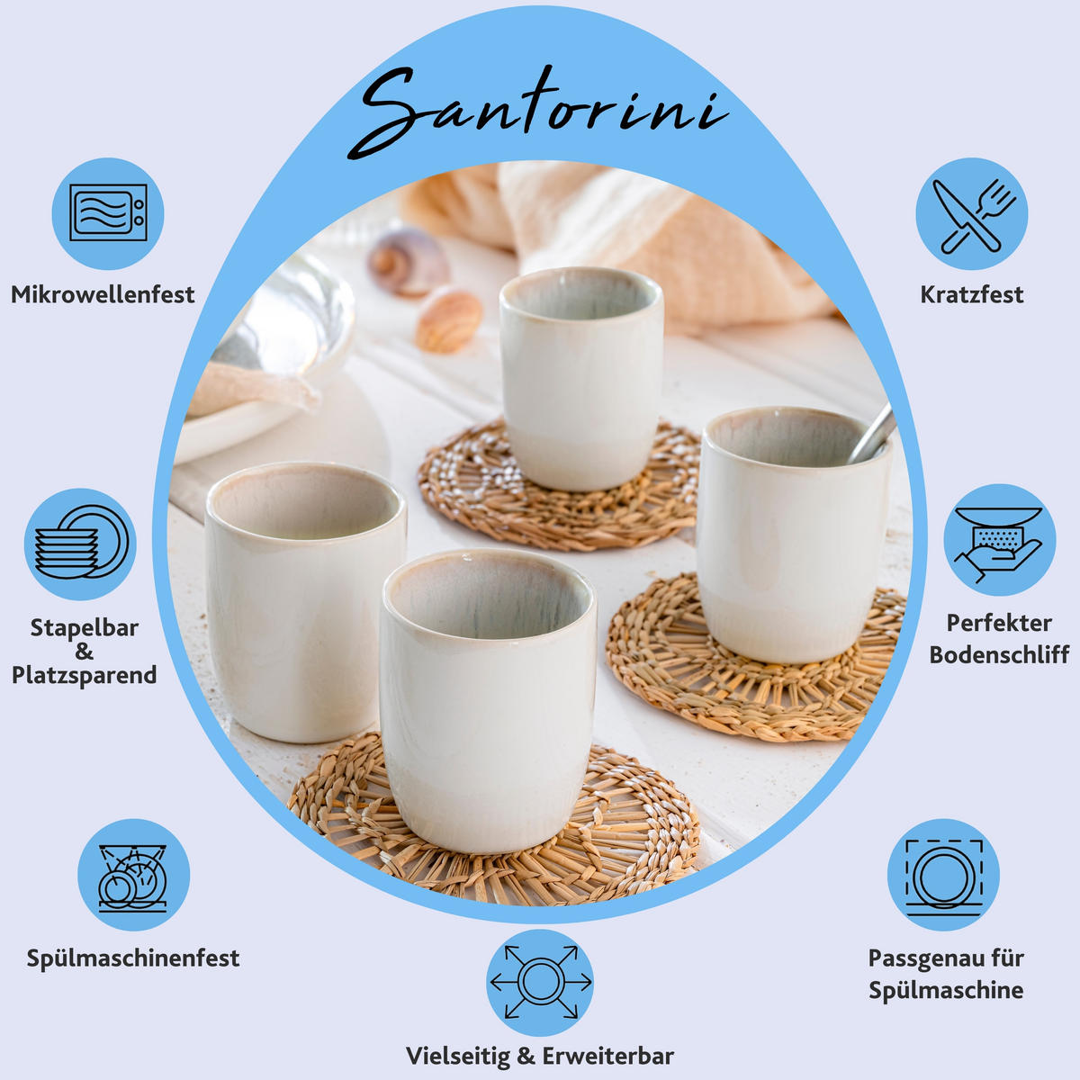 ESPRESSOBECHER SET SANTORINI - 4 teilig aus Steingut - Creme, Keramik (0.08L) - Sänger