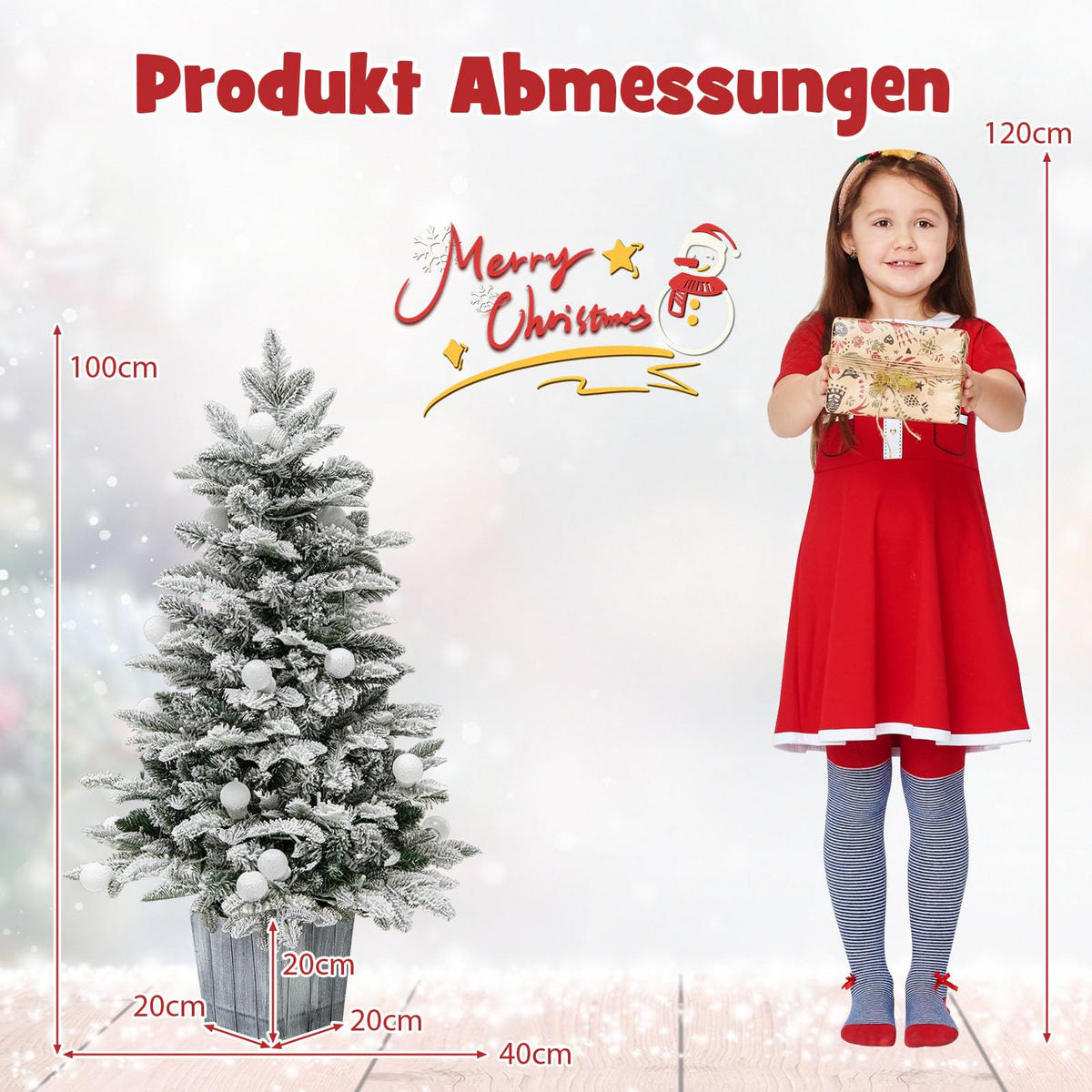 WEIHNACHTSBAUM beflockte Tannenform mit bunten LEDs 100 cm grün - Grün, Metall (100cm) - COSTWAY
