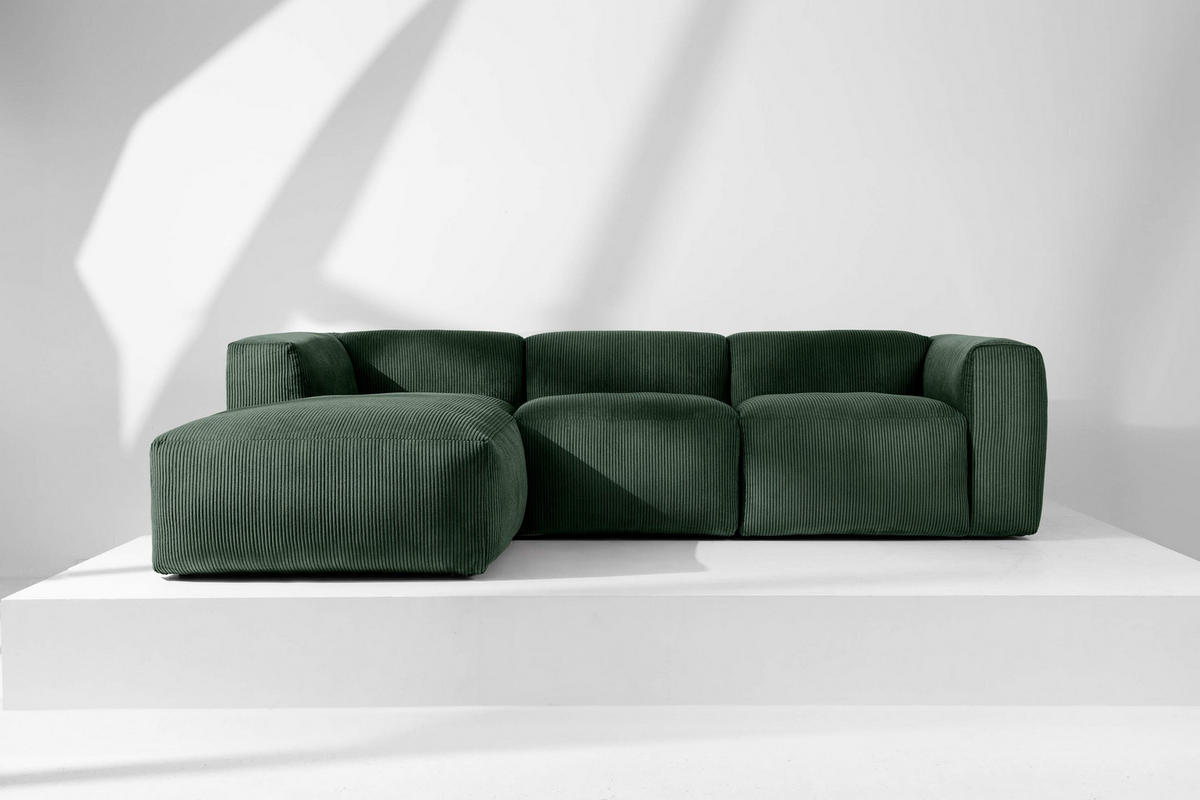 ECKMODULSOFA-LINKS BUFFO mit extrem weicher und bequemer Sitzfläche, Kordstoff, dunkelgrün - Dunkelgrün, Textil (297/180cm) - KONSIMO®
