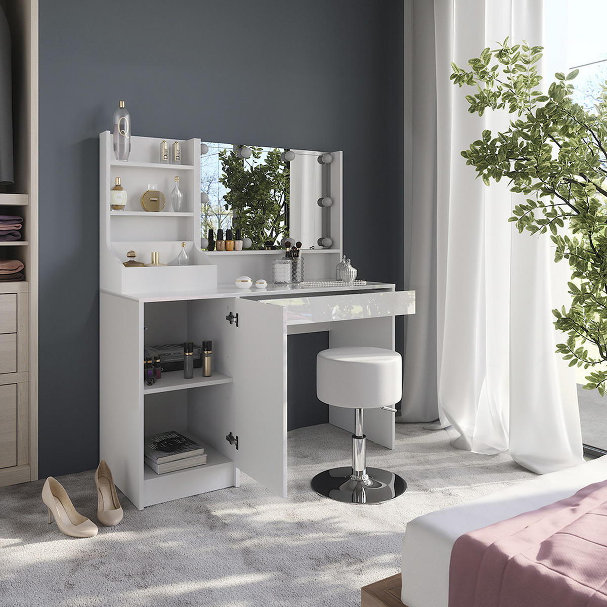SCHMINKTISCH Sherry Weiß/Weiß Hochglanz 119.8 cm 5 Teile - Weiß Hochglanz, Holzwerkstoff (119.8/76/50.1cm) - Vicco