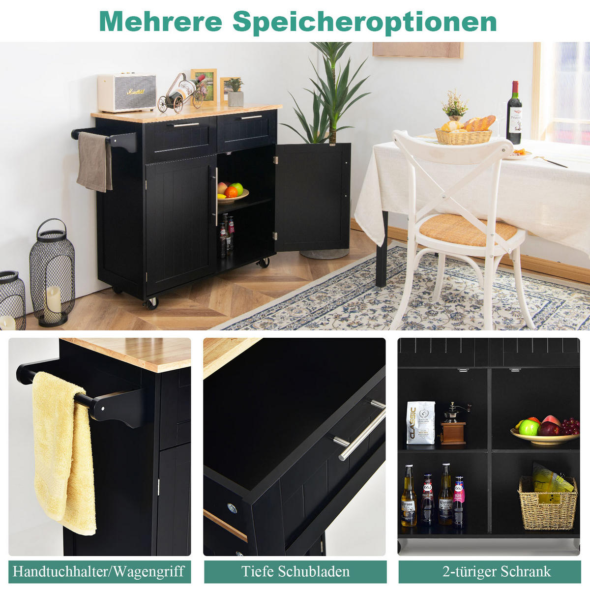 KÜCHENWAGEN servierwagen mit rollen Schwarz - Schwarz, Holz (46/95/94cm) - COSTWAY