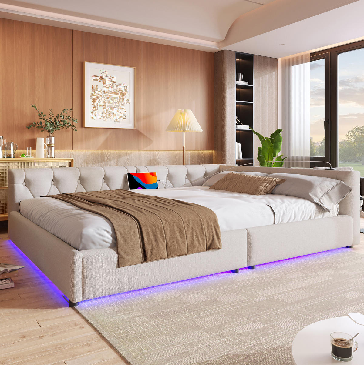 ROZKLADACIA posteľ z ľanu a MDF 140x200 cm béžová s USB, USB-C, LED osvetlením a čalúneným čelom - béžová, textil (140/200cm) - Modfu