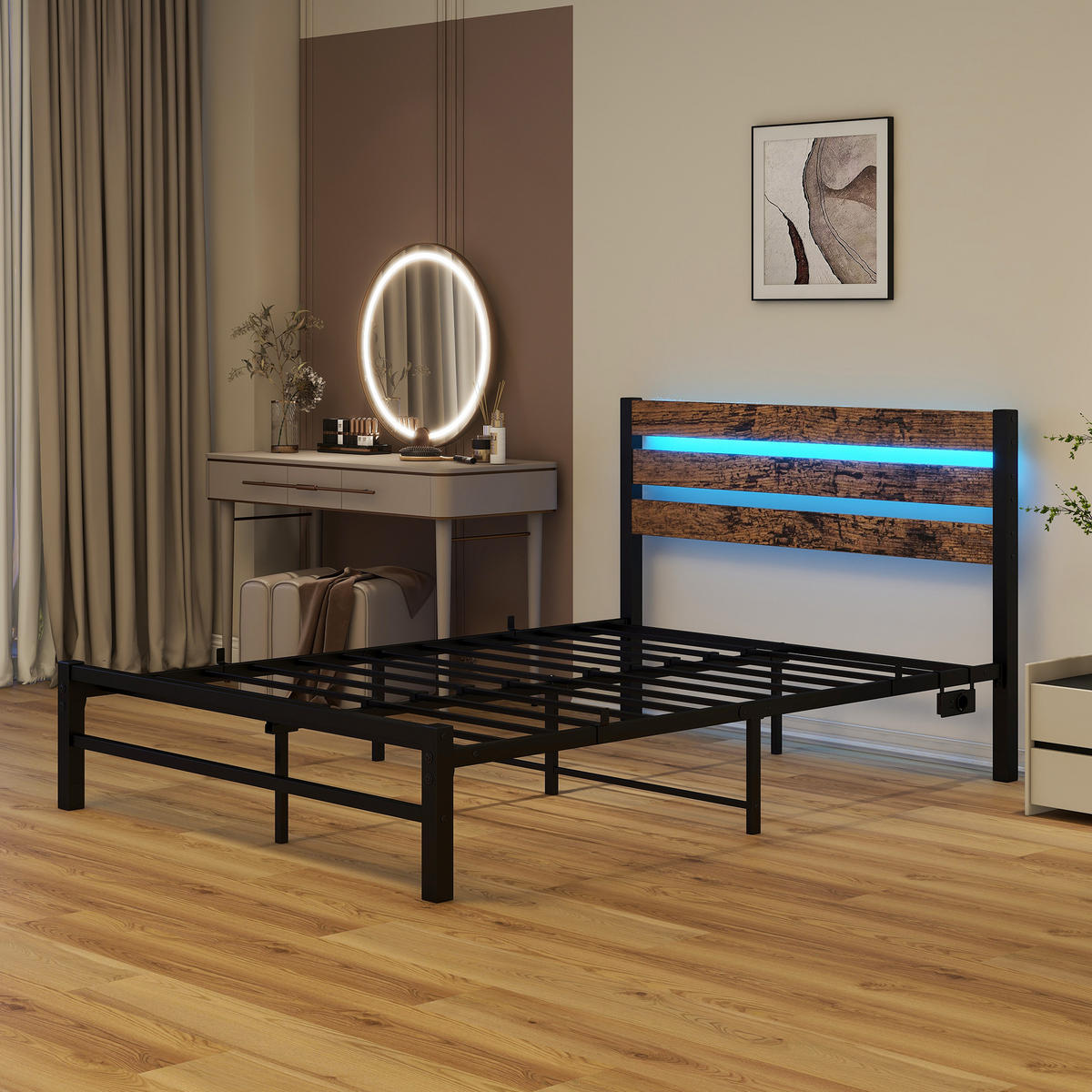 METALLBETT 120x200 cm LED USB Kopfteil - Dunkelbraun, Holzwerkstoff (120/200cm) - LEBENLANG