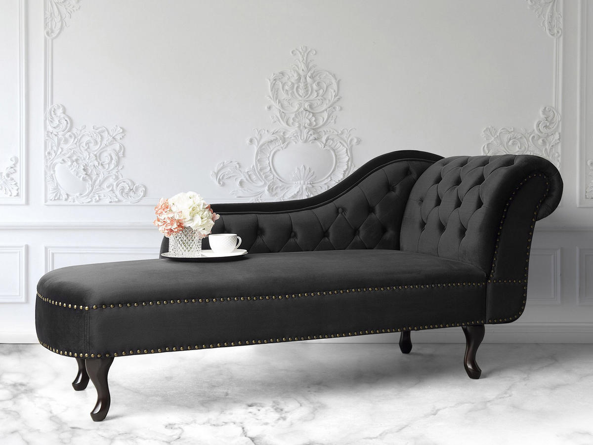 CHAISELONGUE Samtstoff schwarz rechtsseitig Nimes - Dunkelbraun/Schwarz, Textil (170/79/61cm) - Beliani