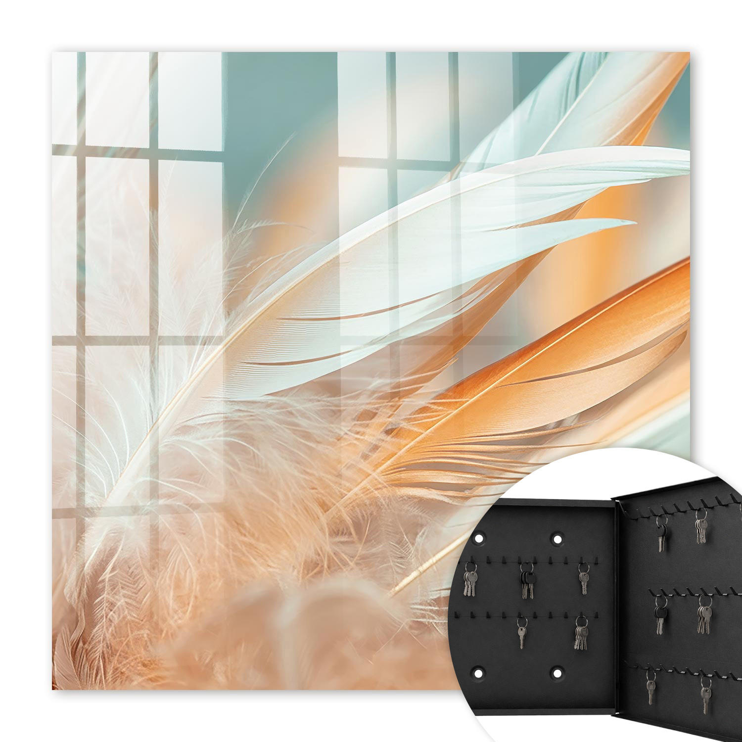SCHLÜSSELBOX Schwarz 30x30 cm- Türöffnung nach rechts - Pastellfarbene Federn - Beige, Metall (30/30/5cm) - TULUP