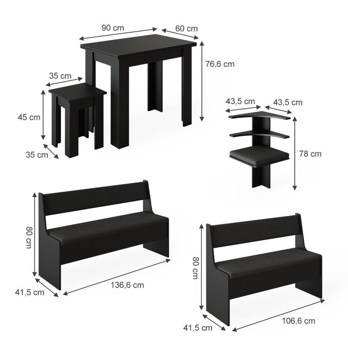 ECKBANKGRUPPE Roman Schwarz 150 x 41.5 cm mit Tisch - Schwarz/Sonoma Eiche, Holzwerkstoff (180/80/150cm) - Vicco