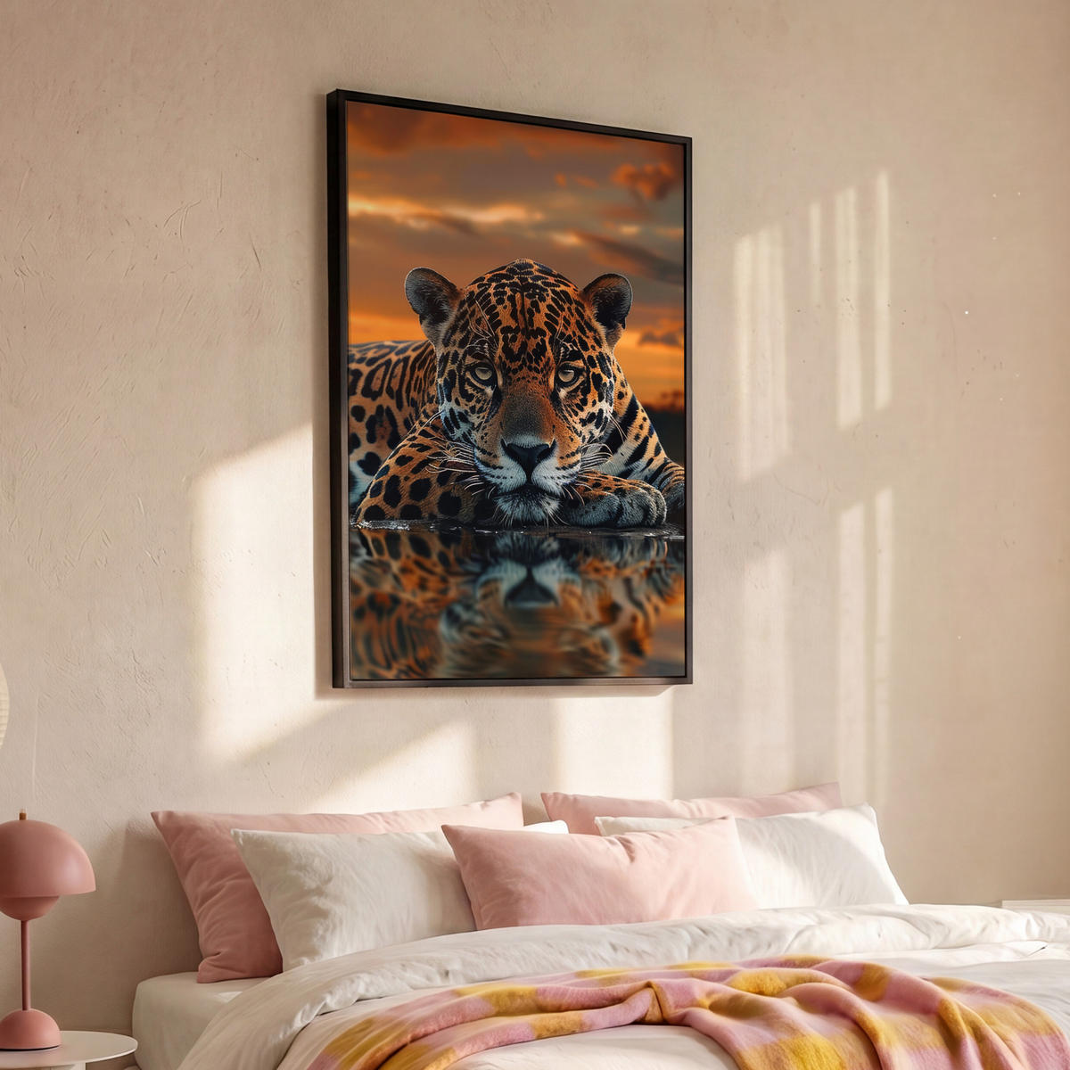 LEINWAND Bilder mit Rahmen - Natur - Leopard - Tier - Sonnenuntergang - Modern - 90x140 - Orange, Textil (90/140cm) - MuchoWow