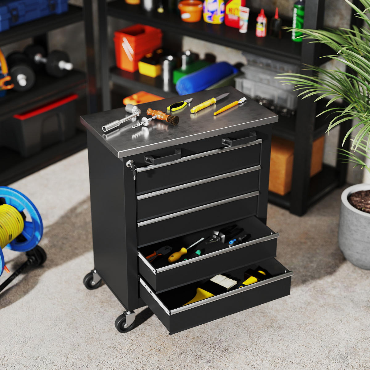WERKZEUGSCHRANK DE-10382 5 Schubladen rollbar Schwarz - Schwarz, Metall (34.5/76/65.5cm) - ComfortXL