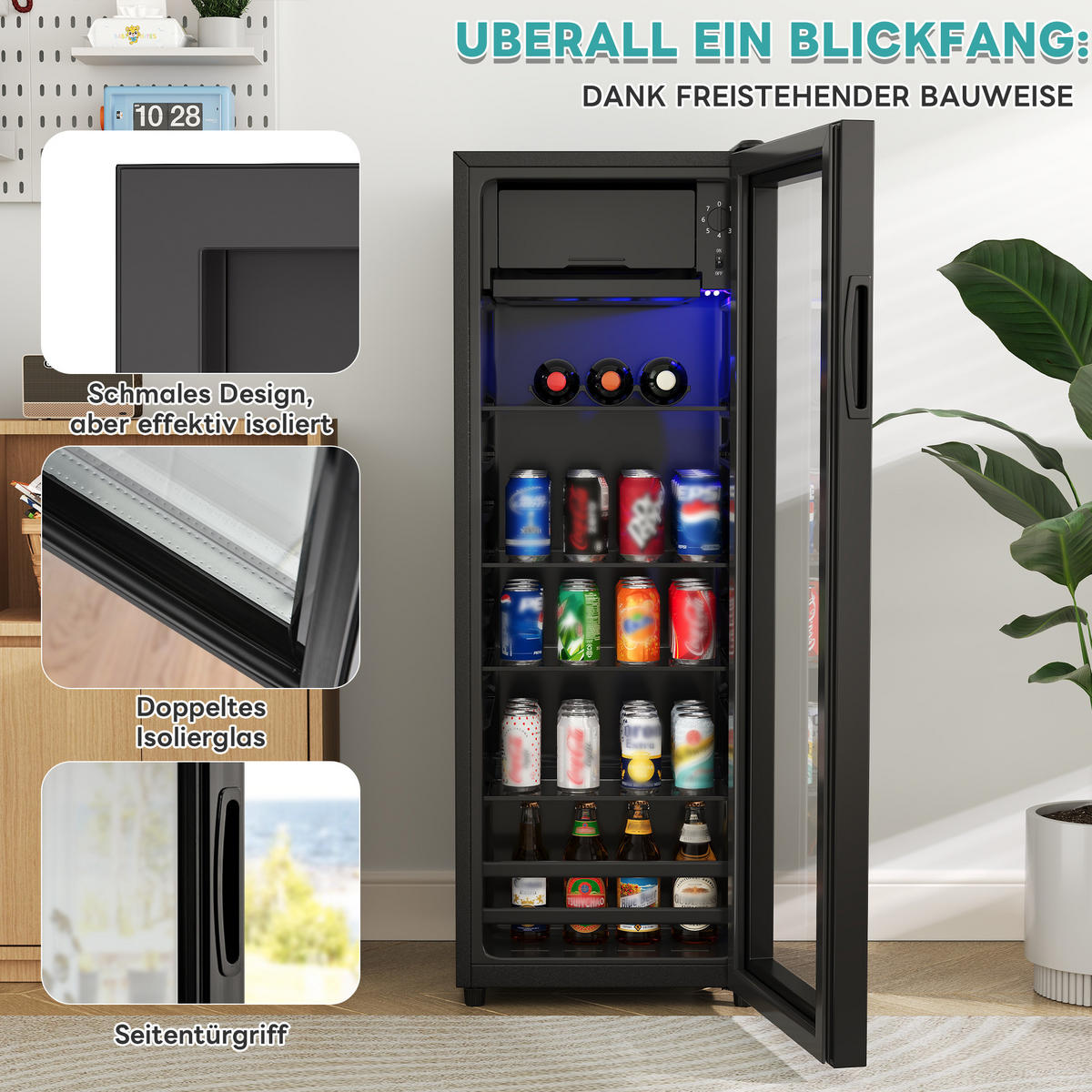 MINIKÜHLSCHRANK 40.5/40/112 cm Schwarz 128L mit verstellbare Einlegeböden und blaueLED - Schwarz, Metall (40/110/40.5cm) - Oxeza