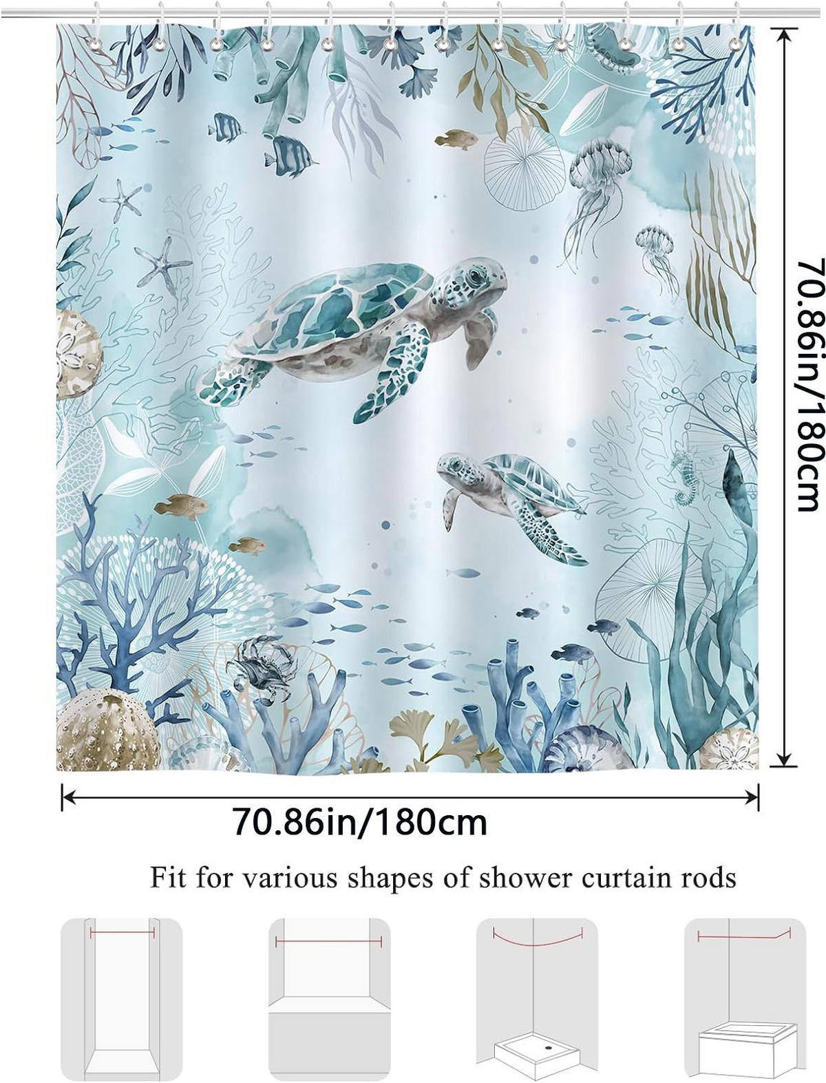 DUSCHVORHANG Schildkröte Badezimmer waschbar wasserdicht mit Haken - Multicolor, Textil (180/180cm) - MCBOSON