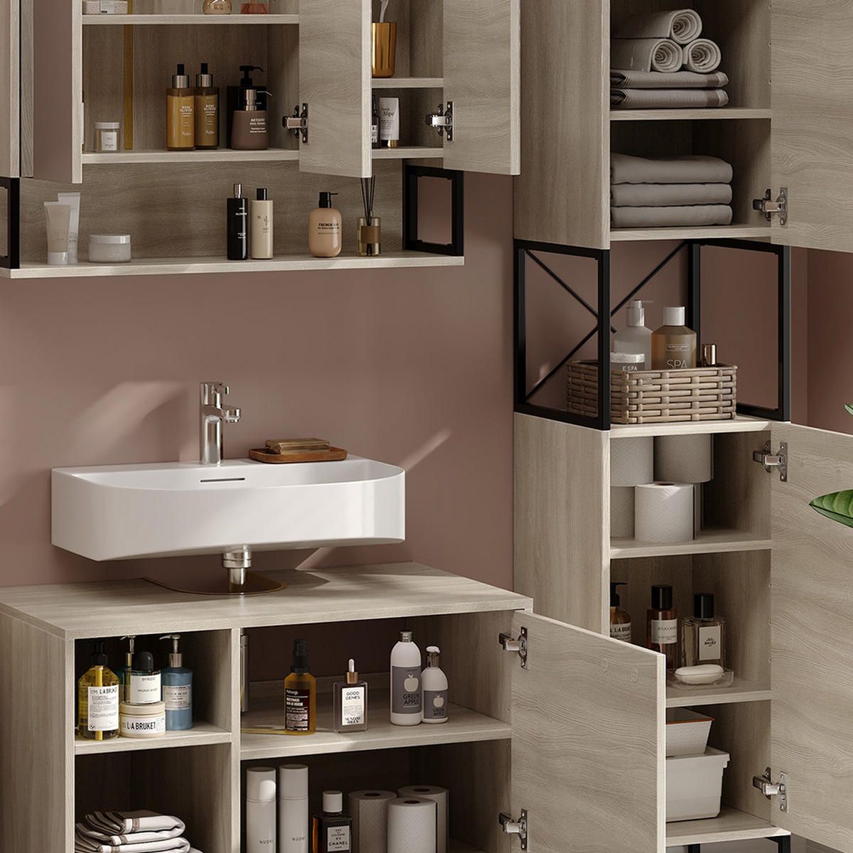 BADMÖBEL-SET Vionna Eiche/Schwarz 3 Teile - Eichefarben/Schwarz, Holzwerkstoff (80/60/45.5cm) - Vicco