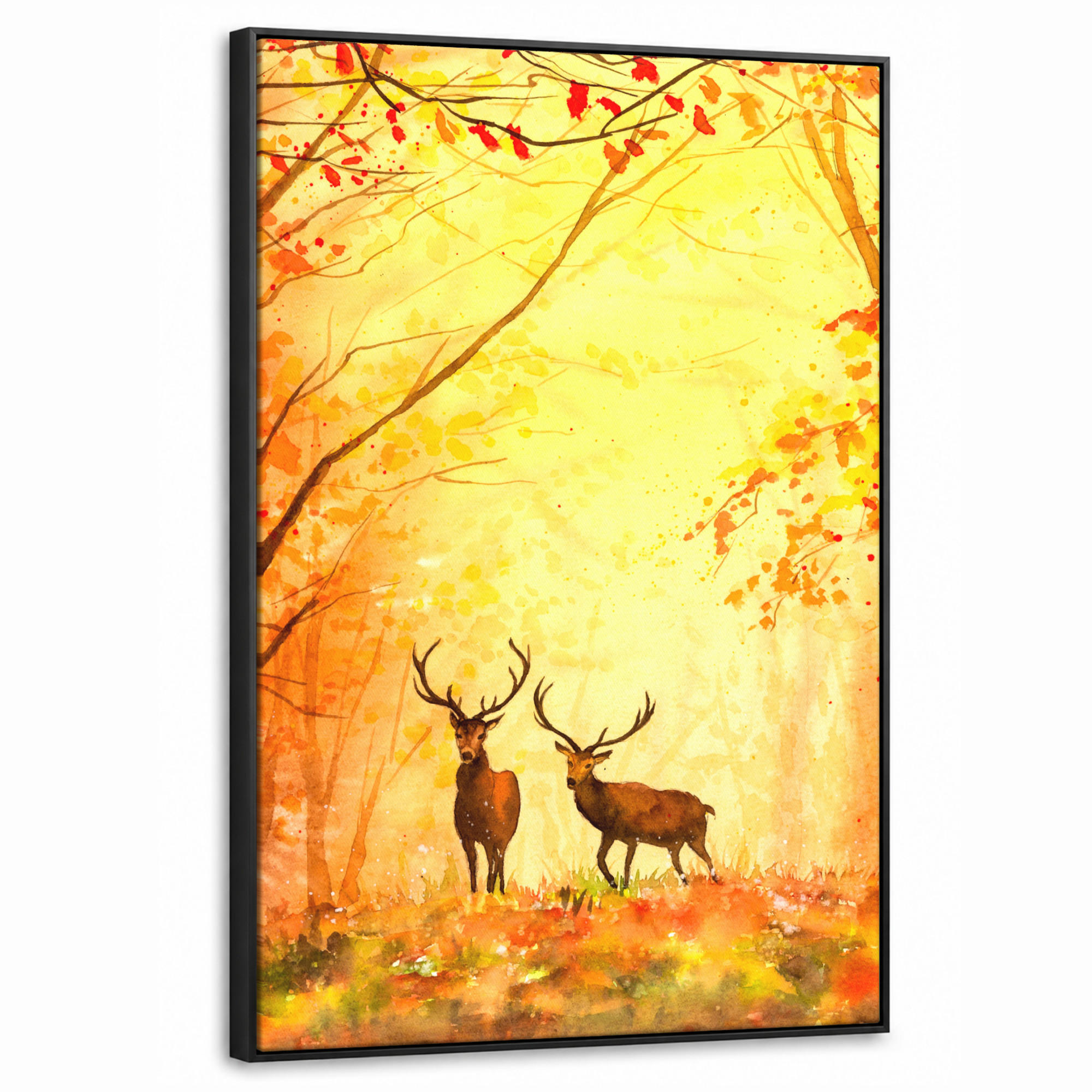 LEINWAND Bilder mit Rahmen - Natur - Ölfarbe - Hirsche - Tiere - Herbst - Orange - 60x90 - Orange, Textil (60/90cm) - MuchoWow