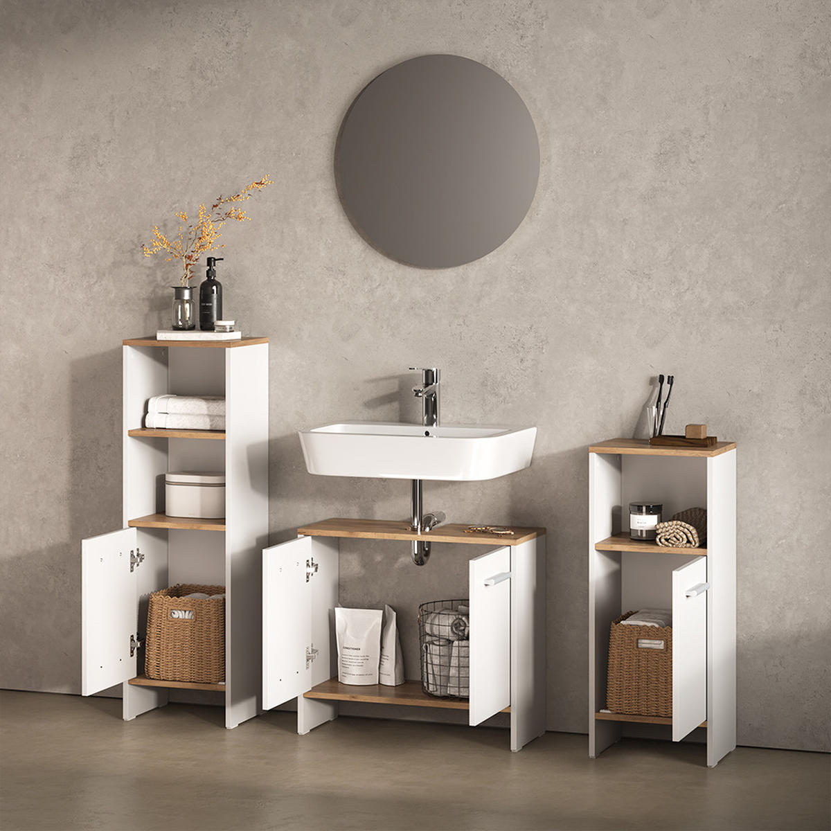 BADMÖBEL-SET Amalfi Weiß/Goldkraft Eiche 2 Teile - Honigeiche/Weiß, Holzwerkstoff (33.8/108.2/26.3cm) - Livinity®