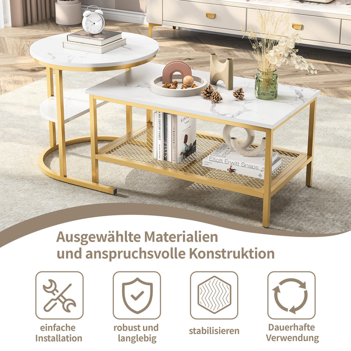 COUCHTISCH 2er SET, Weiß + Golden - Goldfarben/Weiß, Metall (80/46/41cm)