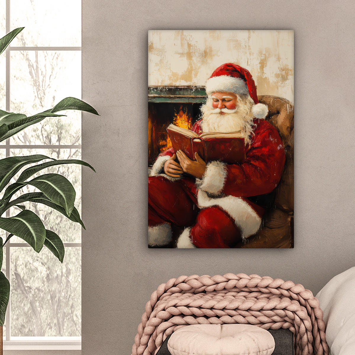 LEINWANDBILD Weihnachten - Weihnachtsmann - Winter - Open Fireside 40x60 cm - Dunkelrot, Textil (40/60cm) - MuchoWow