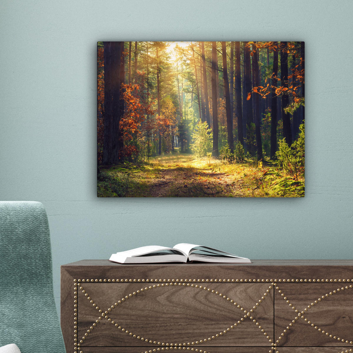 LEINWANDBILD Wald - Herbst - Bäume 40x30 cm - Dunkelgrün, Textil (40/30cm) - MuchoWow