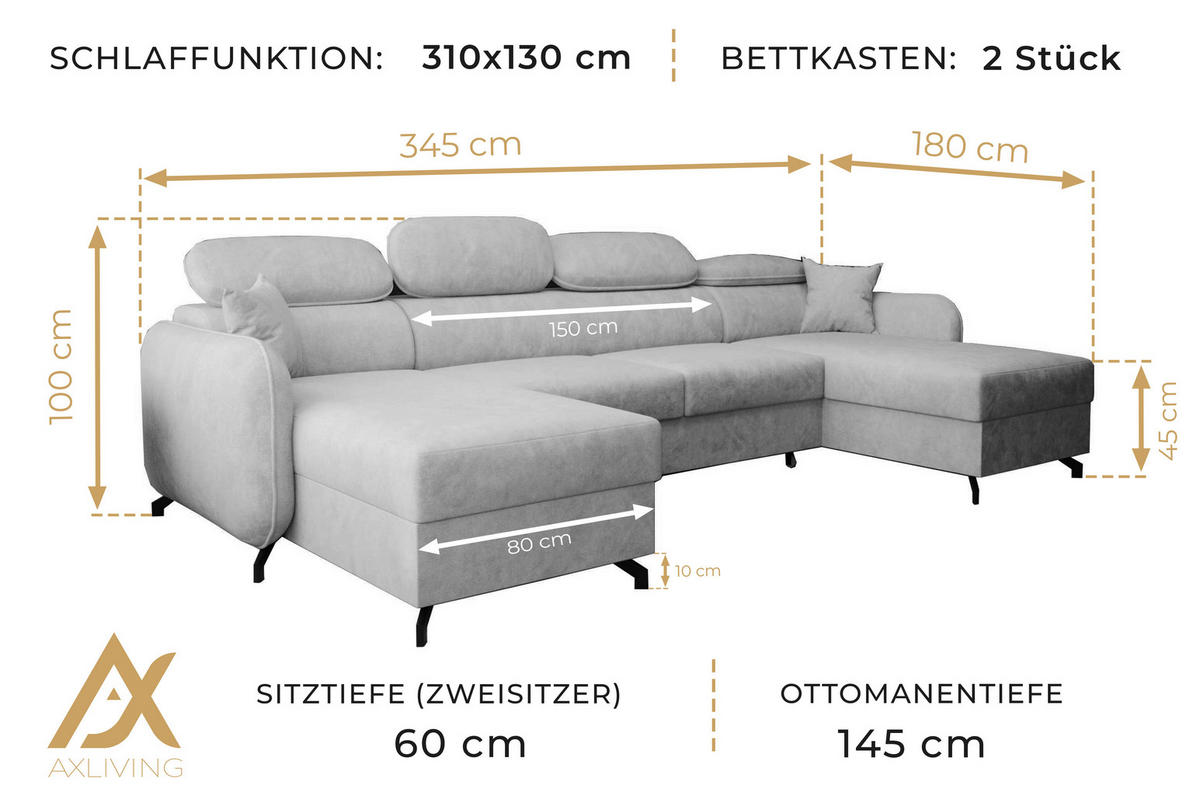WOHNLANDSCHAFT Ribella 5 Creme 345/180/100 cm mit Schlaffunktion - Beige/Schwarz, Textil/Metall (345/100/180cm) - AX Living