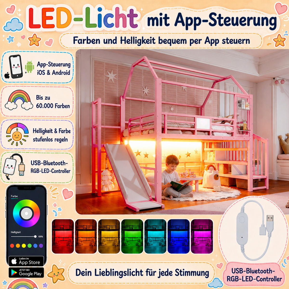 KINDERHOCHBETT MDF & Metall 140x200 cm Pink im Hausdesign mit Rutsche, Treppe mit Ablagen und LED-Beleuchtung - Pink, Holzwerkstoff (140/200cm) - Modfu