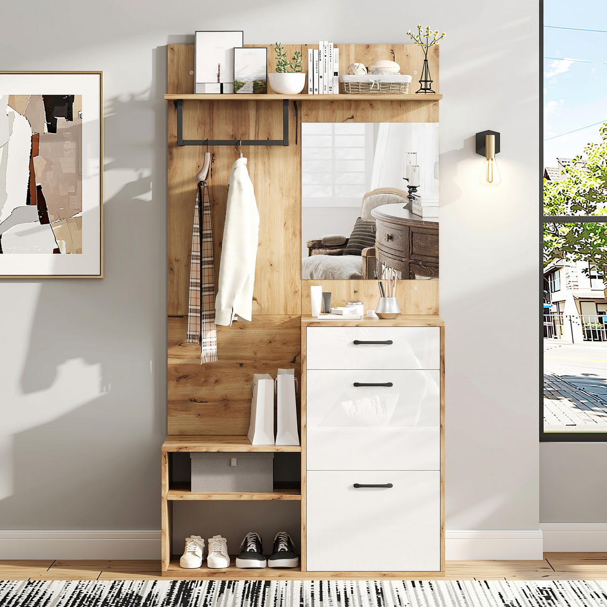 GARDEROBEN-SET 100 cm Weiß Hochglanz & Natur – Kompaktgarderobe mit Spiegel, Schuhbank & Klapptüren - Naturfarben, Holzwerkstoff (100/190/38.5cm) - Urban Meuble