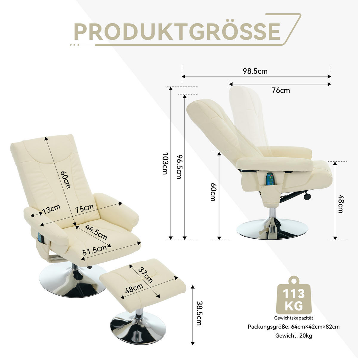 RELAXSESSEL PU mit Massage und Sitzheizung inklusive Hocker 76/75/103 cm Beige - Beige, Kunststoff (75/103/76cm) - Redom