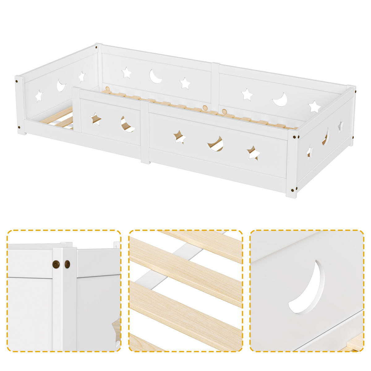 KINDERBETT 90x200 cm Massivholz Lattenrost Stern Mond weiß - Weiß, Holz (90/200cm) - LEBENLANG