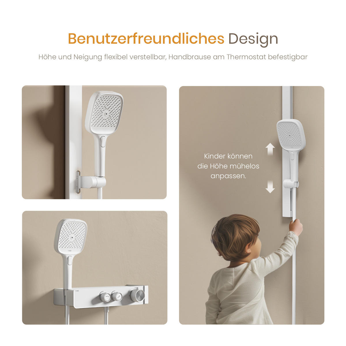 ÜBERKOPFBRAUSESET mit Zweiwege-Thermostatmischer Handbrause Weiß Matt - Weiß, Metall (35.5/115/15cm) - EMKE