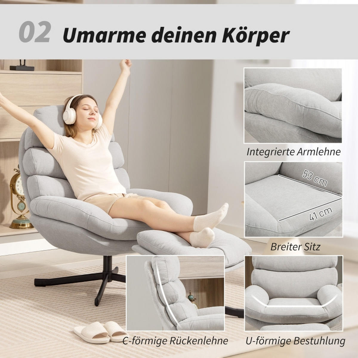 RELAXSESSEL mit Hocker Chenille-Stoff 360° drehbar 78/93/100 cm Cremeweiß - Creme, Textil (78/100/93cm) - Redom