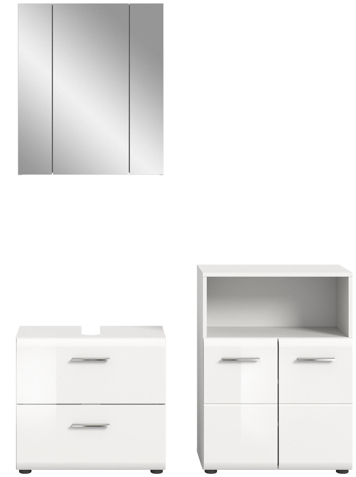 BADMÖBEL-SET weiß Hochglanz 3-teilig 135 cm, Badmöbel mit viel Stauraum - Weiß Hochglanz/Silberfarben, Glas/Holzwerkstoff (135/185/30cm) - Inn.Furn