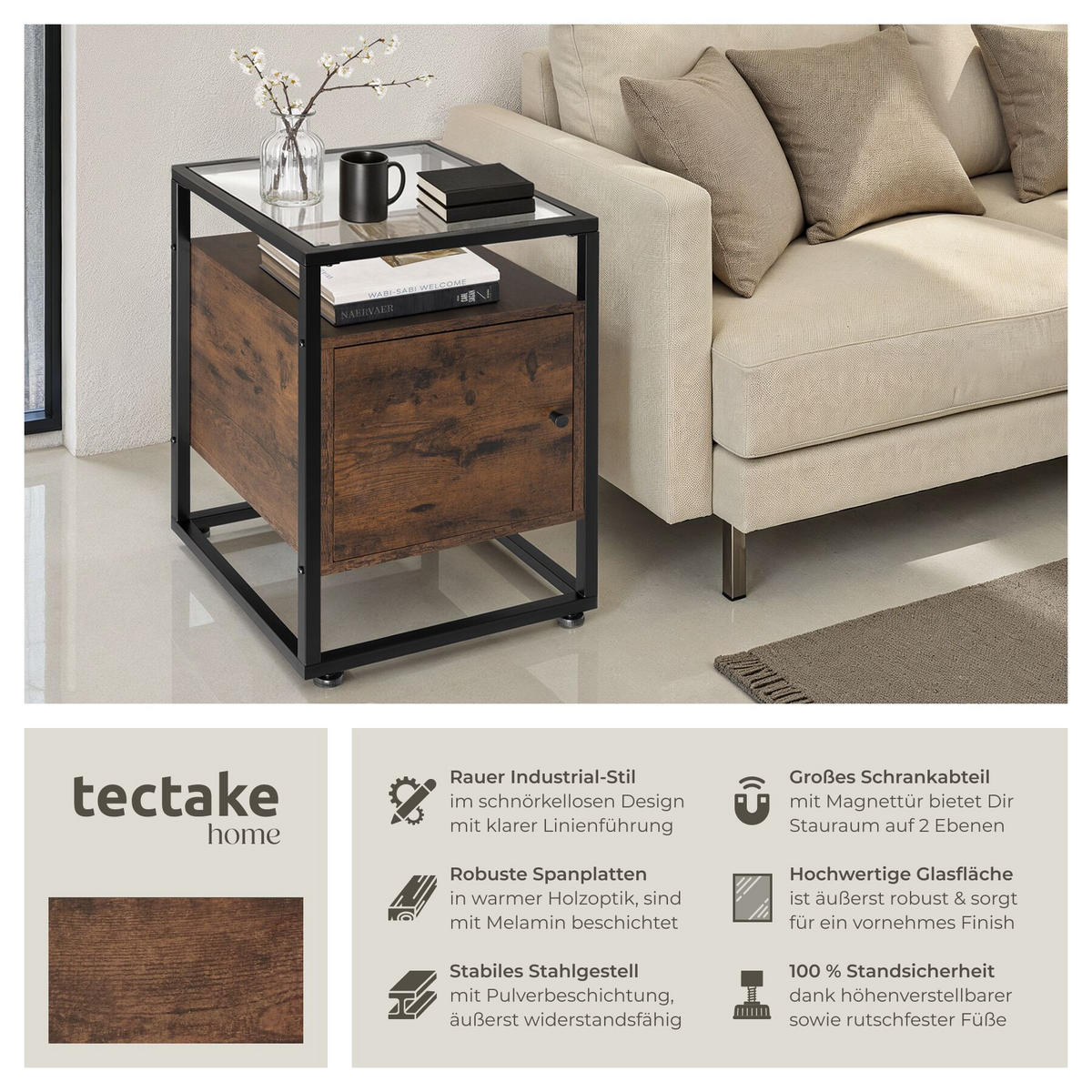 NACHTSCHRANK Dudley, 40 x 43 x 60,5 cm, Industrial Holz dunkel, rustikal - Rostfarben, Holzwerkstoff (40/60.5/43cm) - tectake