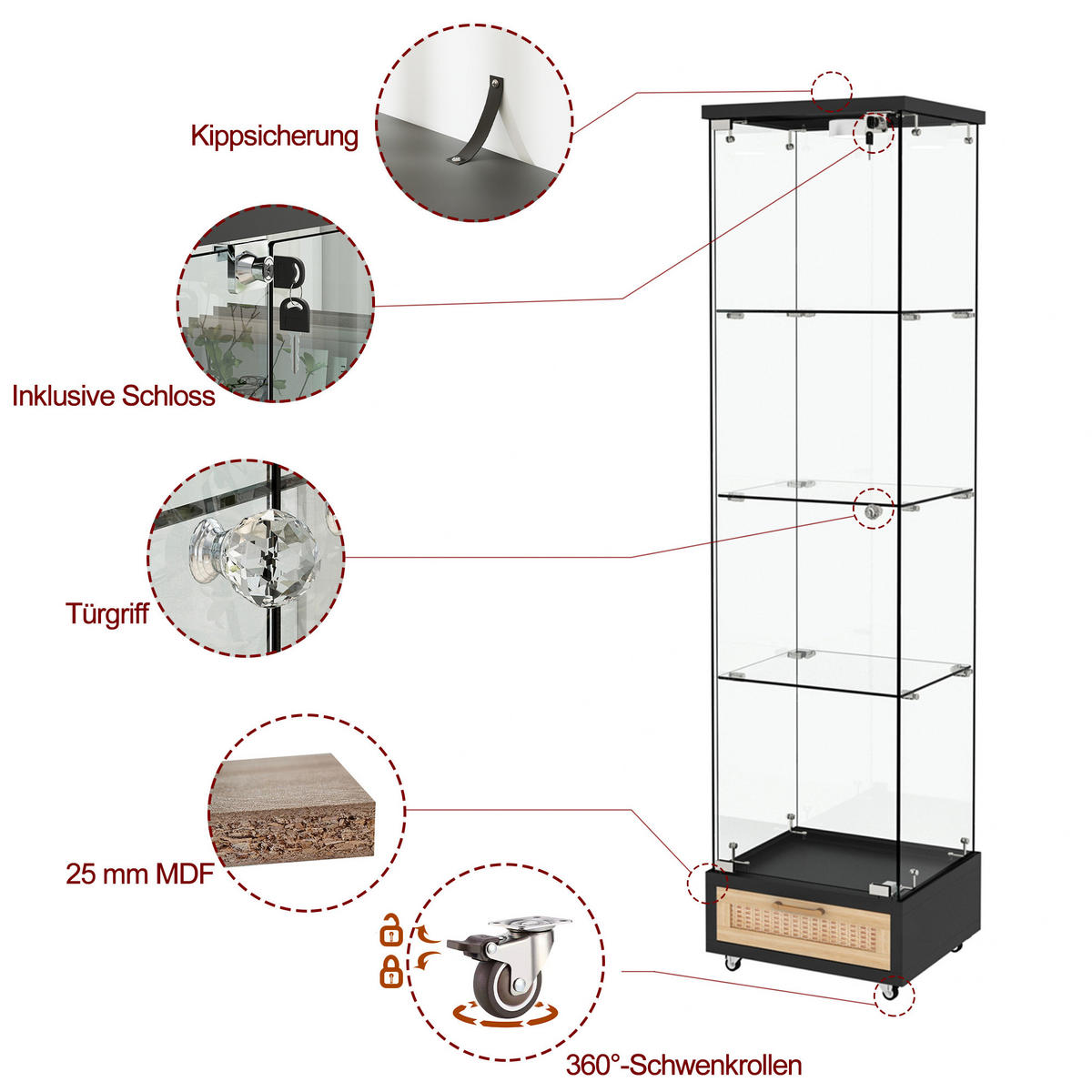 VITRINE aus MDF und gehärtetem Glas 42,5x36,5x167 cm Schwarz mit LED-Beleuchtung und Schubladen - Schwarz, Holzwerkstoff (42.5/167/36.5cm) - IVMEU