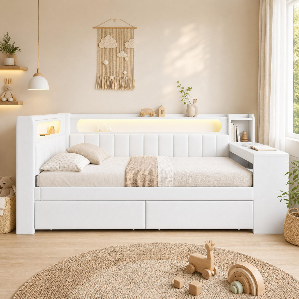JUGENDBETT 90/200 mit LED, Schreibtisch und 2 Schubladen in Weiß - Weiß, Holzwerkstoff/Textil (90/200cm) - EVRYAE