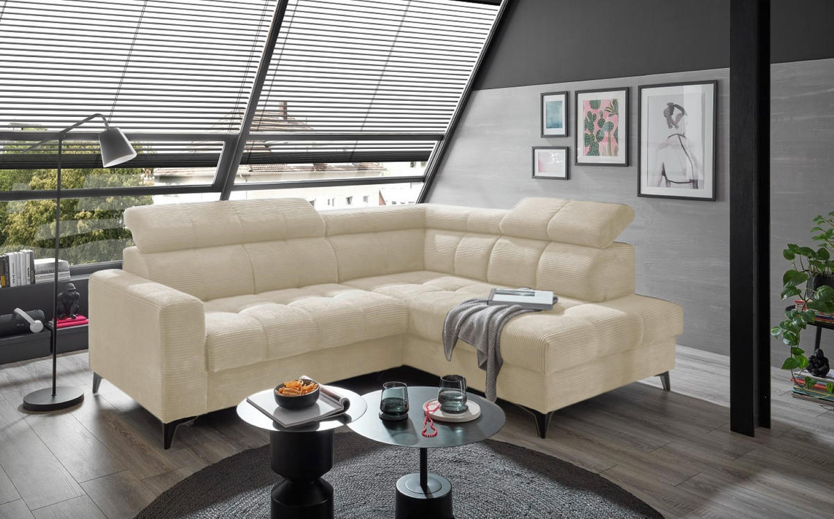 ECKSOFA mit elektronische Sitztiefenverstellung, USB-Anschluss und stilvollem Breitcord-Bezug - Beige, Textil (200/243cm) - ed exciting design