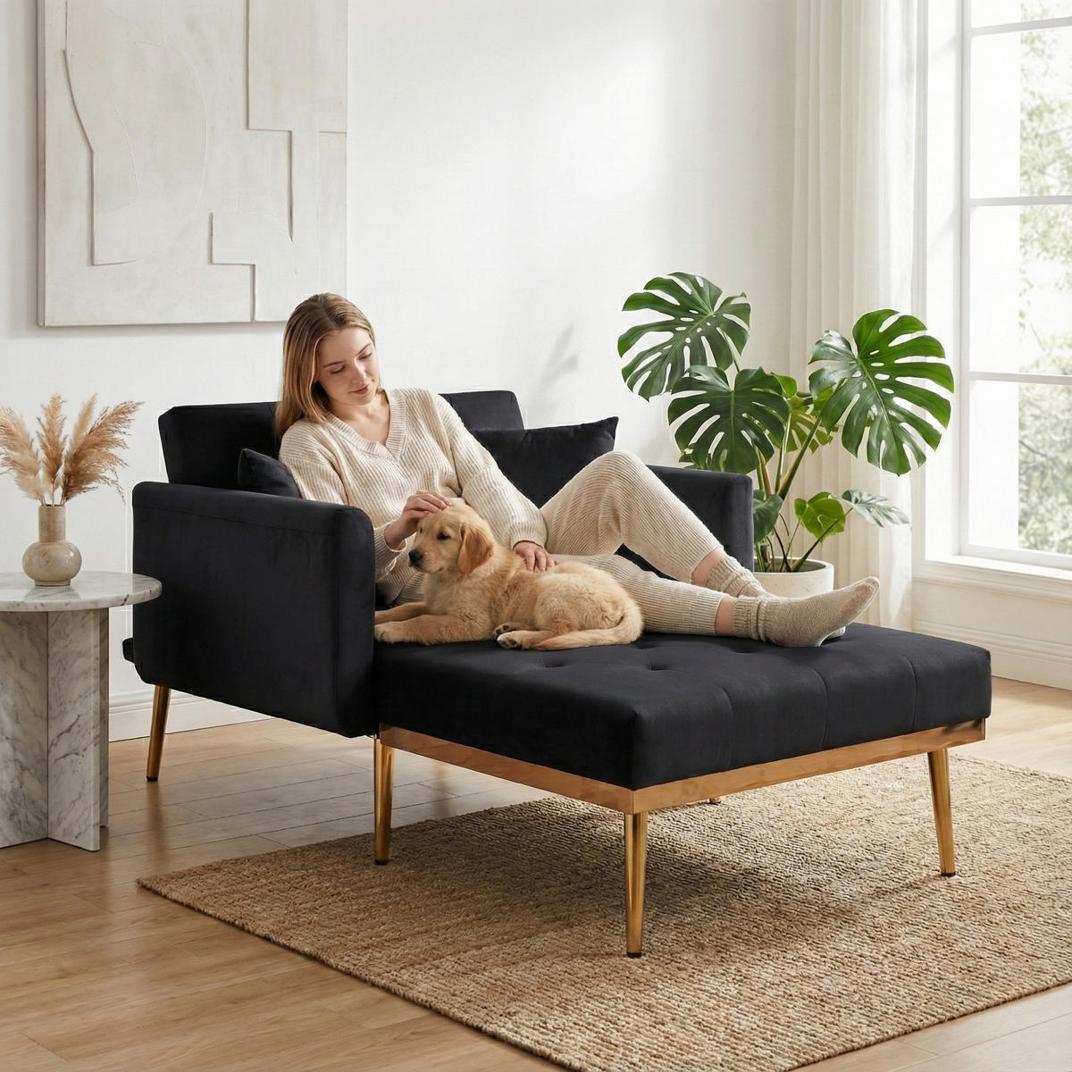 SCHLAFSOFA Zweisitzer,Relaxsessel mit Schlaffunktion,ausziehbar,Samt,Schwarz - Schwarz, Textil (90/77/165cm) - LVHOM